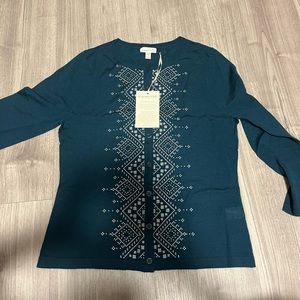 Garnet Hill Signature Eco Merino Cardigan in Teal with white embroidery